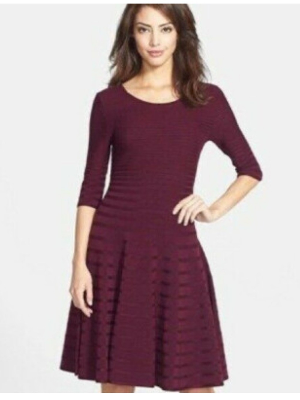 Ivanka Trump Burgundy Fit-and-Flare Ribbed Sweater Dress